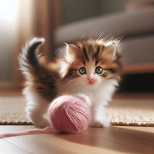 Adorable Fluffy Kitten Pouncing on Pink Ball