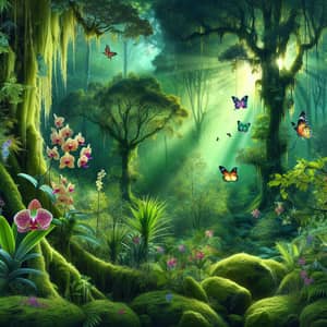 Lush Jungle Landscape with Vibrant Orchids and Butterflies