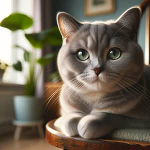 Intense Green-Eyed Domestic Cat on Vintage Chair