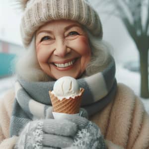 Joyful Grandmother Enjoying Ice Cream in Frosty Weather