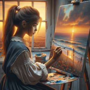 Hispanic Girl Painting in Romantic Style with Turner-Inspired View