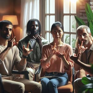 Diverse Group Using American Sign Language in Cozy Room