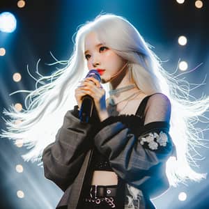 Female Kpop Idol with Striking White Hair | Trendy Stage Attire