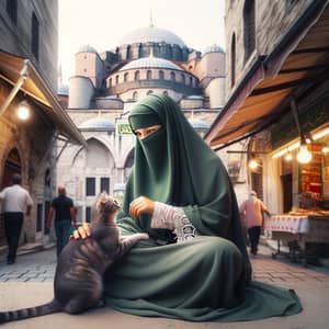Muslim Woman in Green Niqab with Cat in Istanbul