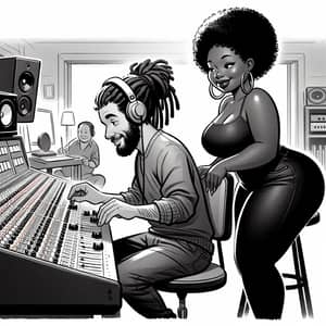 Cartoon Man with Dreadlocks in Recording Studio with Plus-Sized Black Girlfriend