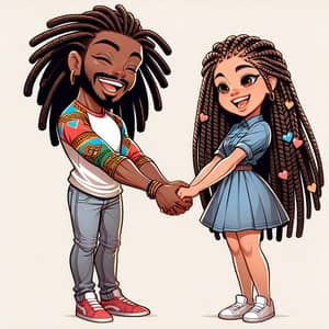 Cartoon Man with Dreadlocks and Girl with Braids Holding Hands