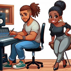 Cartoon Man with Dreadlocks in Recording Studio with Black Girlfriend