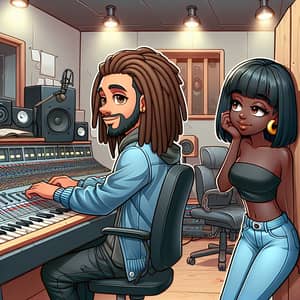 Cartoon Man with Dreadlocks in Recording Studio with Black Girlfriend