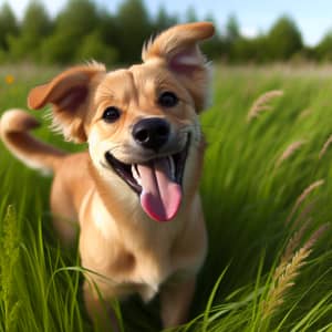 Happy Tan Dog Playing in Green Grass Field