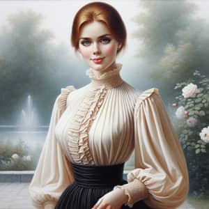 Caucasian Woman in Cream Blouse and Black Skirt | Garden Scene