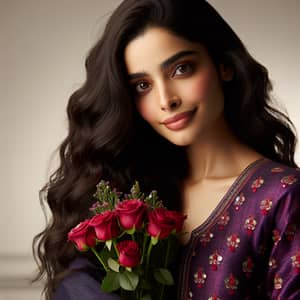 South Asian Woman in Vibrant Purple Salwar Kameez with Red Roses