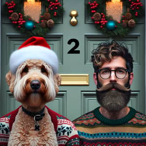 Festive Labradoodle and Two Men at Doorstep | Unique Features