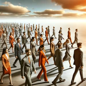Diverse Group of Bankers in Orange & Grey Attire Walking Towards Horizon