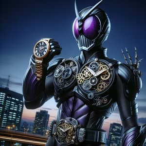Futuristic Black and Purple Armored Superhero with Clock Elements