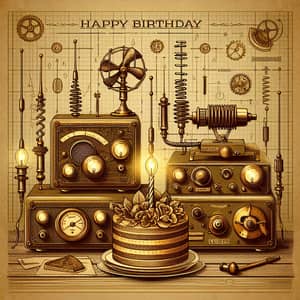 Steampunk Birthday Greeting Card Design with Radio Elements and Decorative Cake