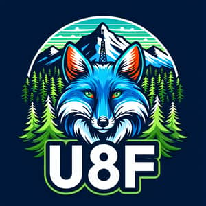 UI8F Logo: Blue Fox & Mountain Forest | Amateur Radio Call Sign