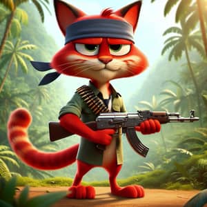 Action-Packed Red Cat Character in Lush Jungle | Brand Name