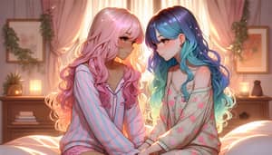 Ethereal Anime Girls' First Kiss in Cozy Bedroom Setting