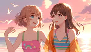 Anime Girls in Colorful Swimsuits | Beach Friendship Moment