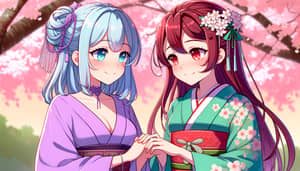 Anime Girl Sky-Blue and Crimson-Red Hair Under Cherry Blossom Tree