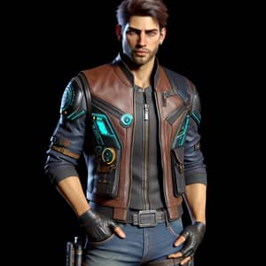 Rugged Cyberpunk Male Character in Brown Leather Vest & Blue Jeans