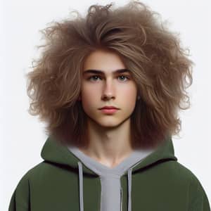 15-Year-Old Boy with Fluffy Hair in Green Hoodie and Grey Sweatpants