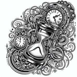 Detailed Time Tattoo Design - Monochrome Hourglass & Clock Hands