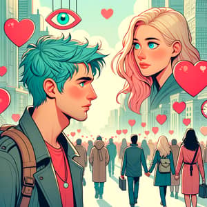 Finding Love in a Bustling City: Turquoise-haired Man and Blonde Woman