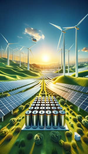 Futuristic Green Energy Farm: Solar Panels, Wind Turbines & Battery Storage