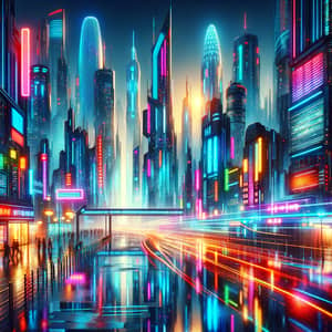Futuristic Cityscape at Sunset: Vibrant Neon Lights & Cyberpunk Aesthetics