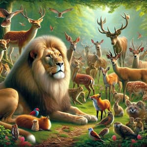 Majestic Lion Amid Wildlife Gathering in Forest