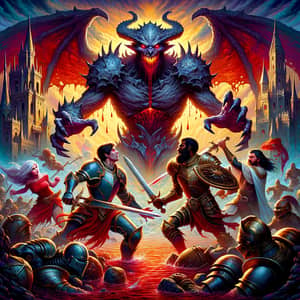 Dark Souls Style Album Cover with Four Heroes Battling Giant Villain