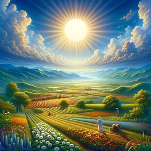 Radiant Sun Landscape: Tranquil Oasis of Green Fields and Wildflowers