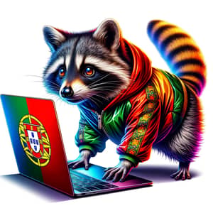 Curious Raccoon on Laptop with Portuguese Flag Jacket - Digital Art