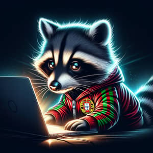Mischievous Raccoon on Laptop with Portuguese Flag Jacket