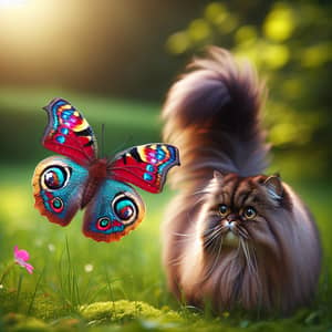 Vibrant Butterfly and Beautiful Persian Cat in Enchanting Garden