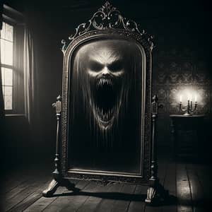 Horror Mirror - Eerie Antique Design in Dim Lit Room