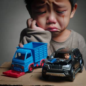 Distressed Asian Boy with Toy Car - Heartbreaking Scene