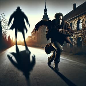 Haunted Past: Middle-aged Man Sprinting Towards Mysterious Town