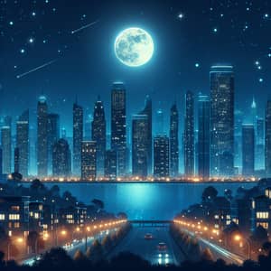 Tranquil Cityscape Night View: Skyscrapers, Moonlight & Stars