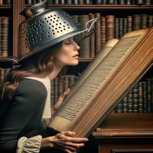 Mystical Library Scene with Colander Hat