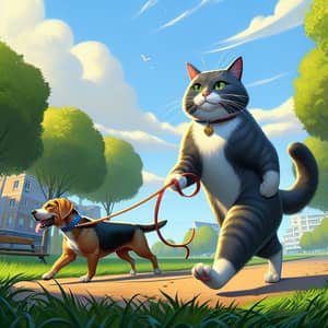 Cat Leading Dog on Leash in Green Park