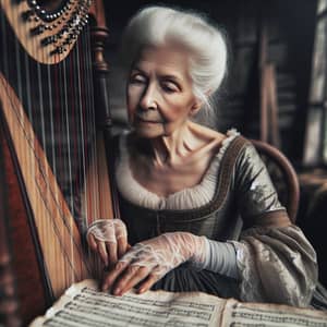 Elderly Caucasian Woman Playing Vintage Harp in Rustic Setting