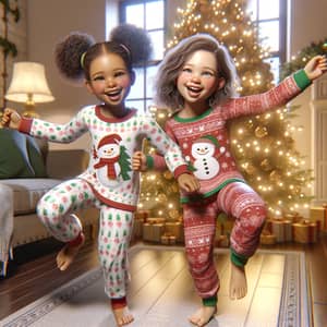 Heartwarming Image of Diverse Twin Sisters Dancing by Christmas Tree