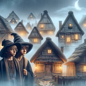 Fantasy Scene with Young Wizards in Rural Village at Night