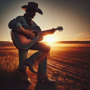 Tranquil Middle-Eastern Cowboy Playing Acoustic Guitar at Sunset