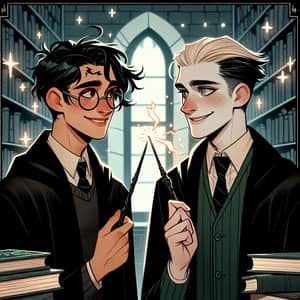 Drarry Illustration: Wizardly Camaraderie in Magical Library