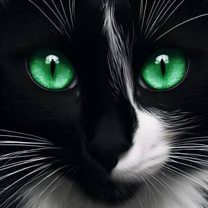 Dynamic Black and White Feline with Emerald Green Eyes