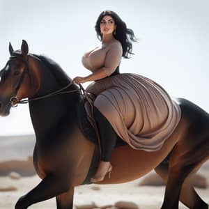 Stout Arabian Woman Riding Horse in Elegant Dress