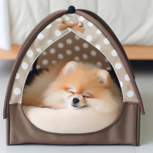 Fluffy Pomeranian Dog Sleeping Comfortably in Small Tent